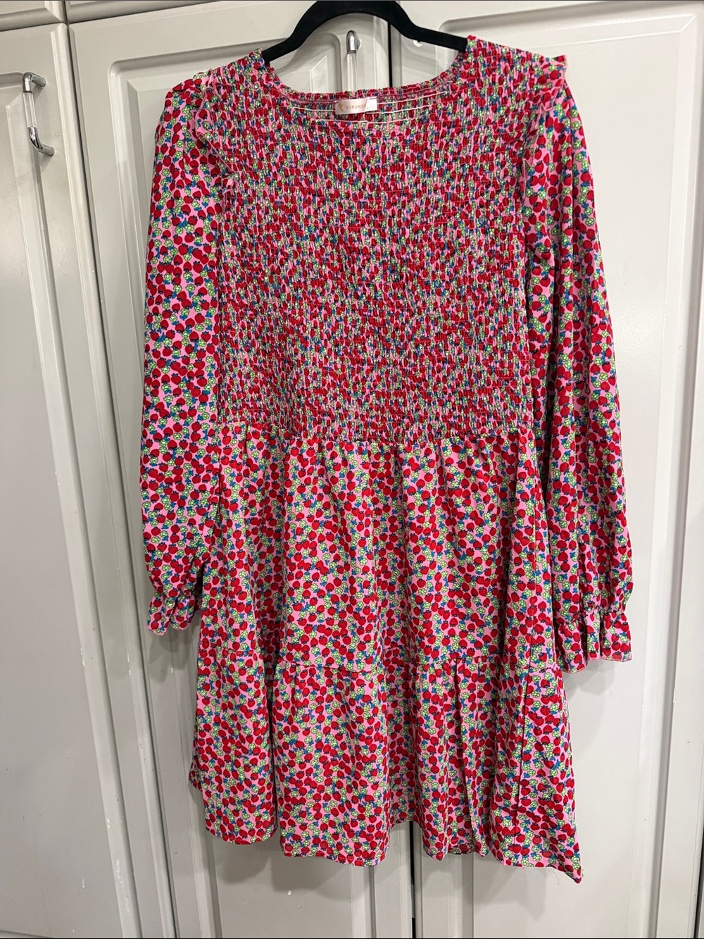 KIRUNDO Smocked Tiered Long-Sleeve Dress in Pink Floral Sz XL